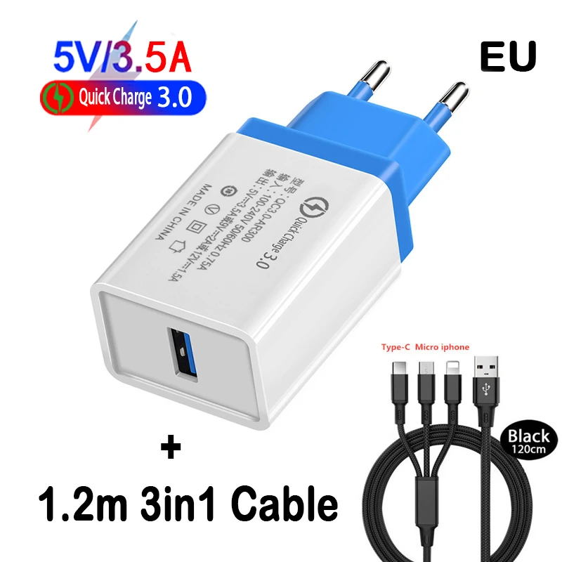 EU/US быстрое зарядное устройство QC 3 0 USB телефон кабель для быстрой зарядки