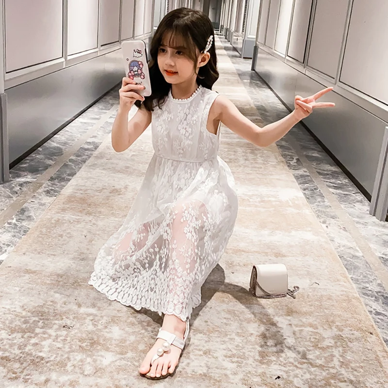 Летние платья для девочек кружевные Детские принцессы длинные сетчатые чисто