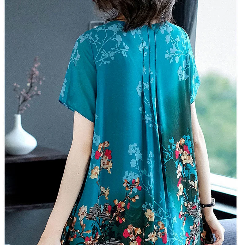 

Female 2021 Summer Plus Size Short Sleeve Dress Middle-aged Women Casual High Waist Print Chiffon Party Dress Vestidos X27