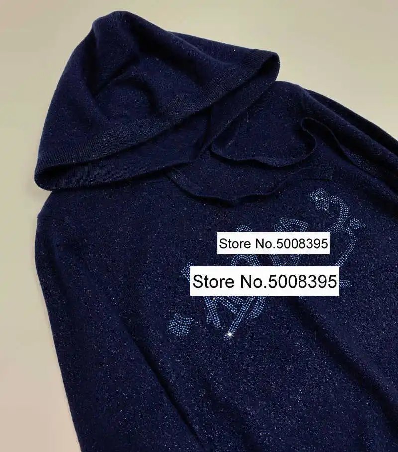 

Woman Navy White Black Cashmere Hooded Sweater Front Sn Letters Strass Detail Long Sleeves Knits Pullover