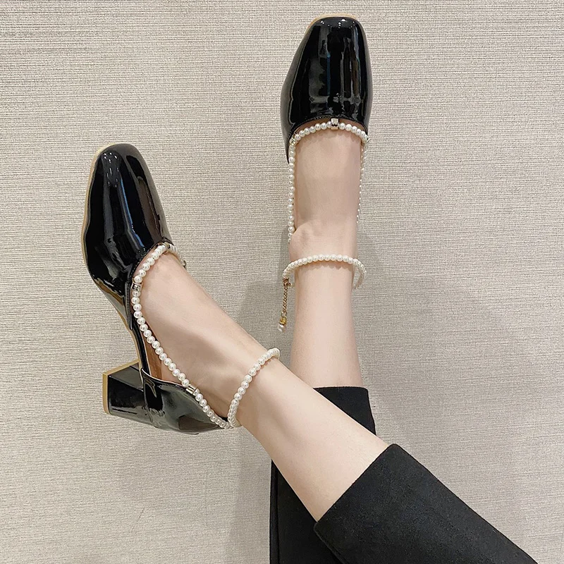 

Closed Toe Sandals Clear Heels 2021 Summer Female Shoe Shallow Mouth Girls Comfort Beige Fashion Pearl Block Square High New Cas