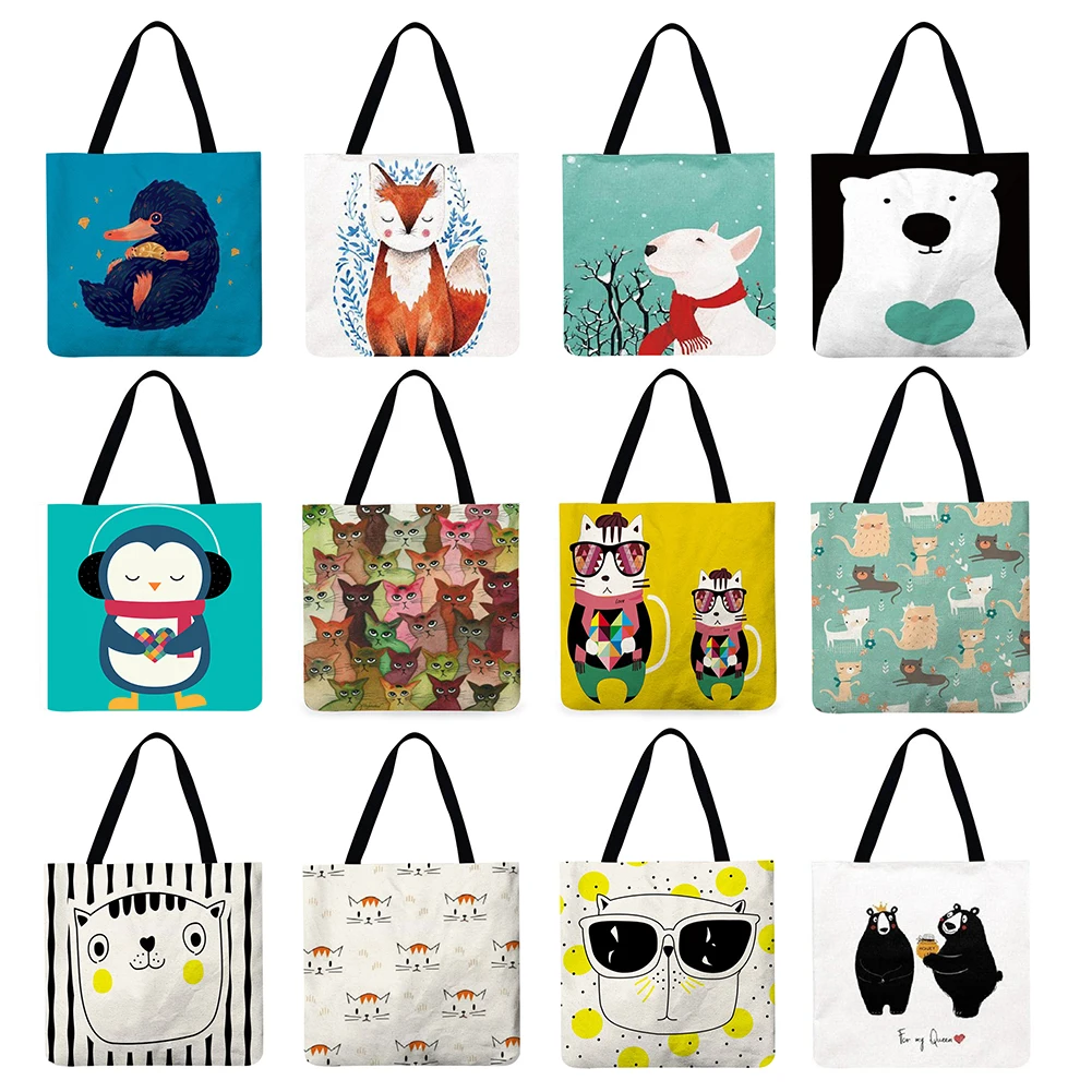 

Reusable Linen Shopping Handbags Casual Ladies Cartoon Printed Pattern Tote Square Large Capacity Storage Bags