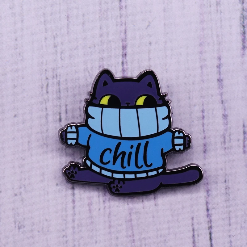 Chill Cat эмалированная булавка милая синяя Толстая шпилька с подвеской Кот свитер