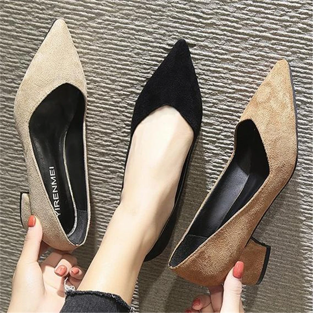 

2019 spring new women's shoes Korean version of wild pointed suede single shoes thick with the middle of the ladies work shoes