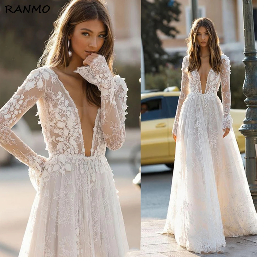 

Элегантное свадебное платье с глубоким V-образным вырезом, длинными рукавами и открытой спиной, свадебное платье с 3D цветочной кружевной ап...