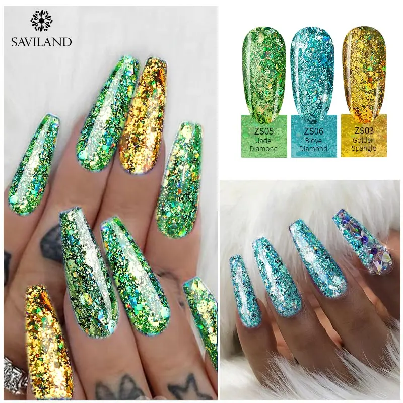 SAVILAND 3D Shiny Diamond Nail Gel Polish Holographic Glitter LED UV Semi Permanent Gel Varnishes Soak Off UV LED Nail Art