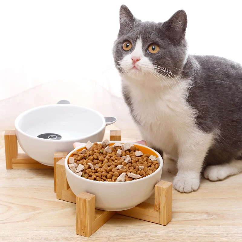 

Cartoon ceramic pet bowl for cats and dogs puppies feeding supplies bamboo and wood shelf supporting dog bowl ceramic cat bowl