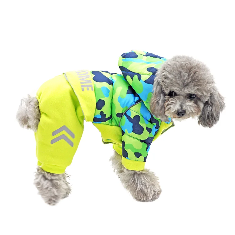 

New Camouflage Hooded Four-Legged Teddy Dog Fall And Winter Clothes Pet Decoration Dog Down Dog Supplies