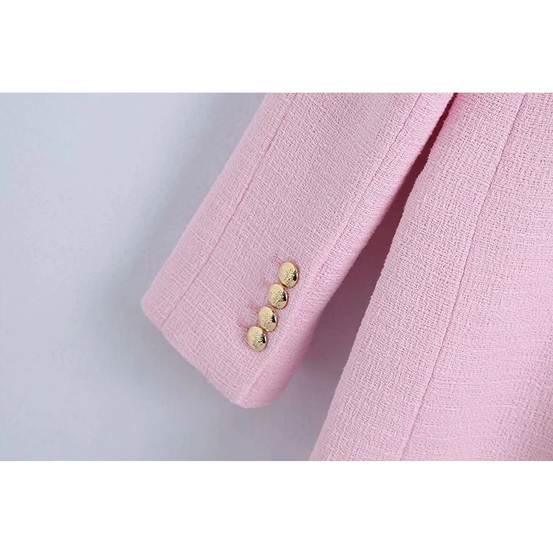 

Za 2021 Women Double Breasted Tweed Pink Blazers Coat Office Lady Long Sleeve Pockets Female Outerwear CD8067