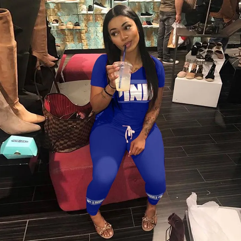 

2018 Pink Letter Print 2pcs Tracksuits Women Two Piece Set Street T-shirt Tops And Jogger Set Suits Casual 2pcs Outfits