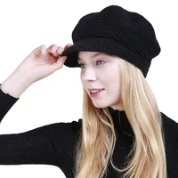 thicken winter hat with velet fleece inside girl women big brim knitted visor cap solid color soft beanie hat warm beret female
