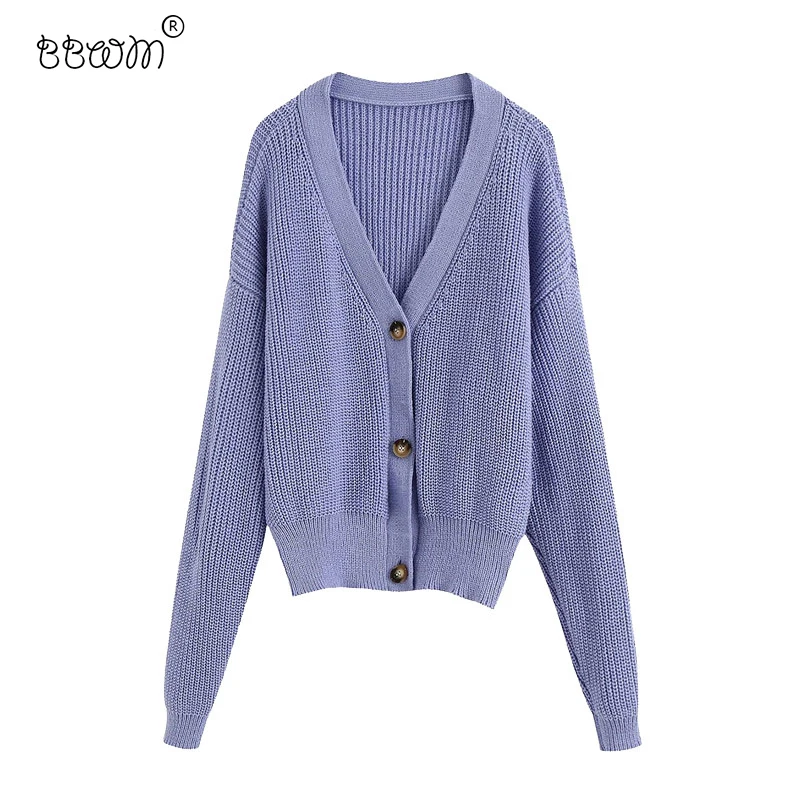 Женский однобортный вязаный кардиган свободный винтажный Однотонный свитер с