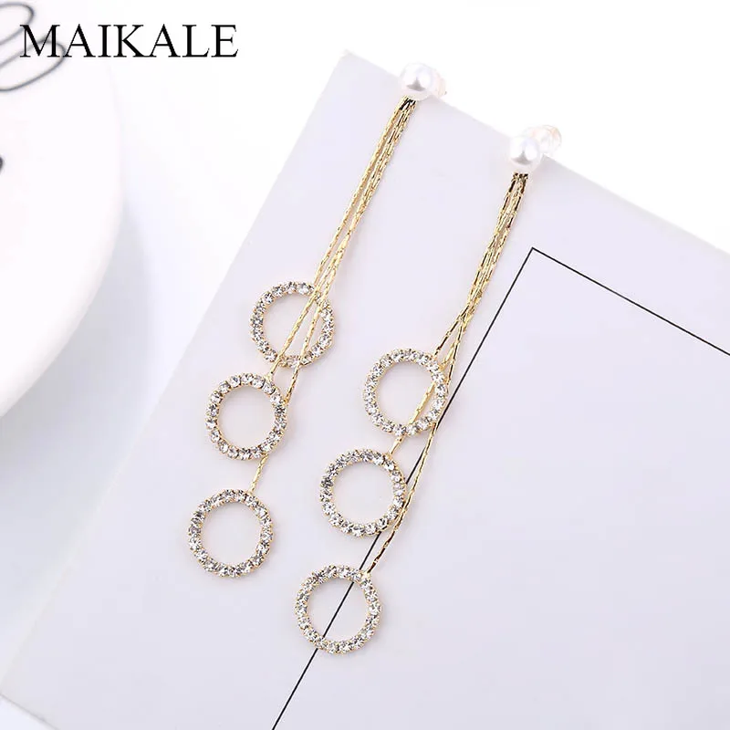 

MAIKALE Luxury Gold Silver Color Tassel Chain Long Earrings Round Circle Inlay Zirconia Crystal Hanging Drop Earrings for Women