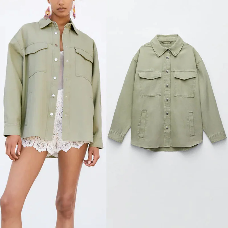 

Женская Повседневная рубашка Za, свободная винтажная рубашка большого размера с длинными рукавами и металлическими пуговицами, лето 2021