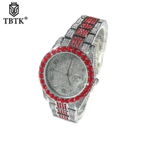 tbtk big dial watch iced out red white rhinestone top dual calendar mens quartz clock luxury waterproof wrist watch