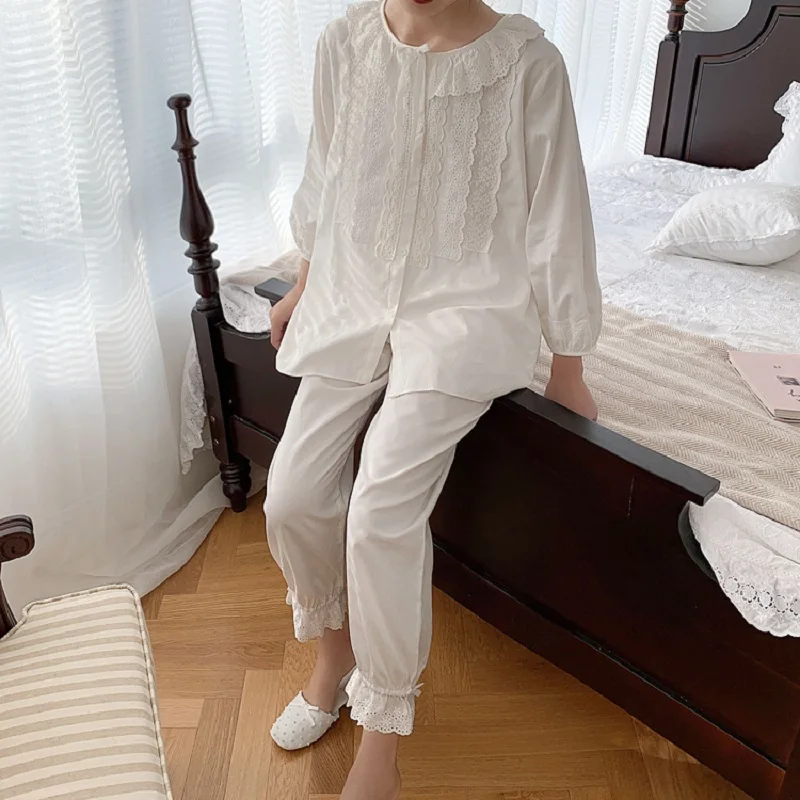 

Fashion Soft Pure Cotton Women's Casual White Floral Pajamas Sets Female Loose Cute Sleepwear Plus Size