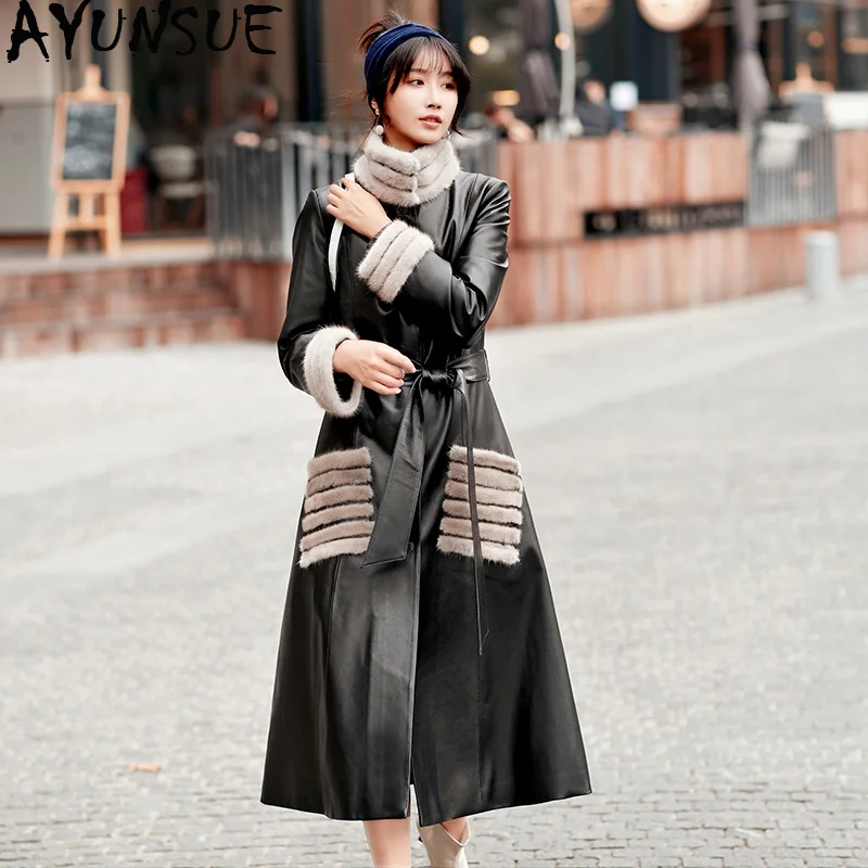 AYUNSUE куртка из натуральной кожи Зимняя женская с воротником натурального меха