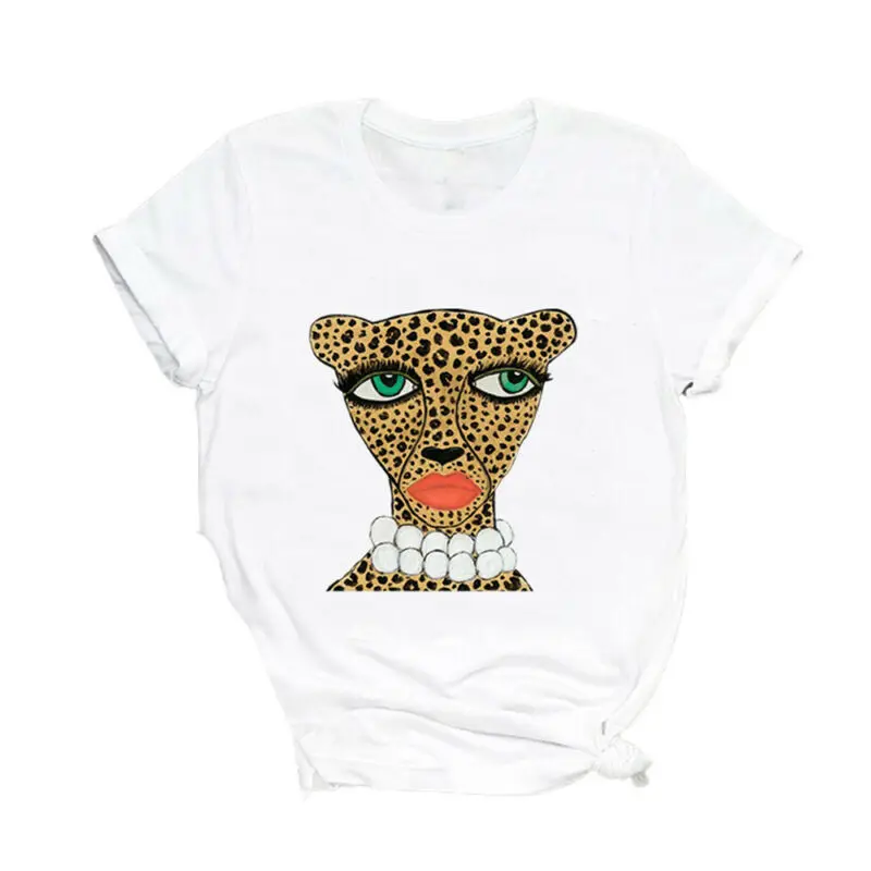 

Womens Leopard Head Printed Basic Tee Tops Ladies Short Sleeve T Shirts Blouses
