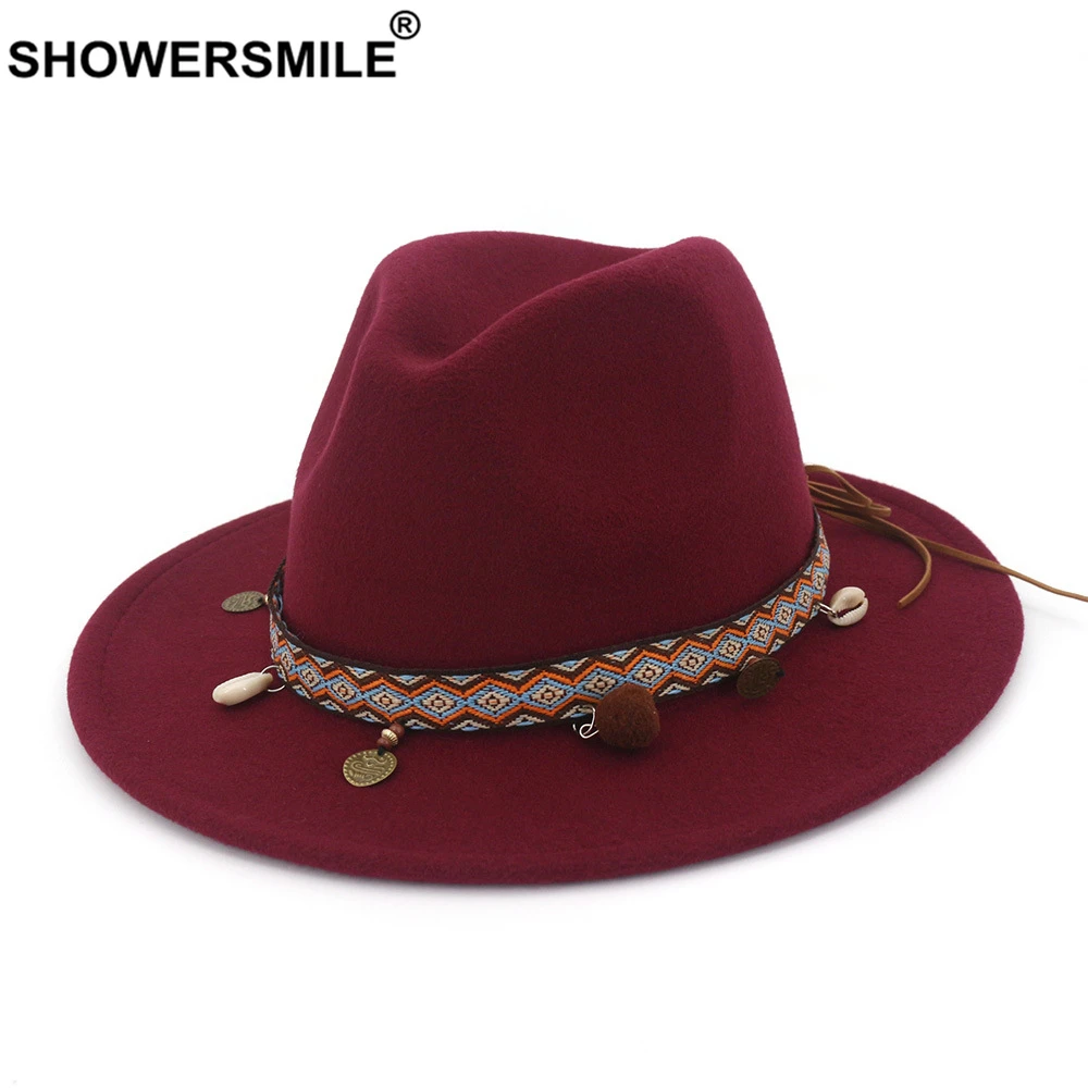 SHOWERSMILE, синие фетровые шляпы для женщин, шерстяная шляпа Трилби, женская шляпа с широкими полями, повседневная женская зимняя шапка в этническом стиле