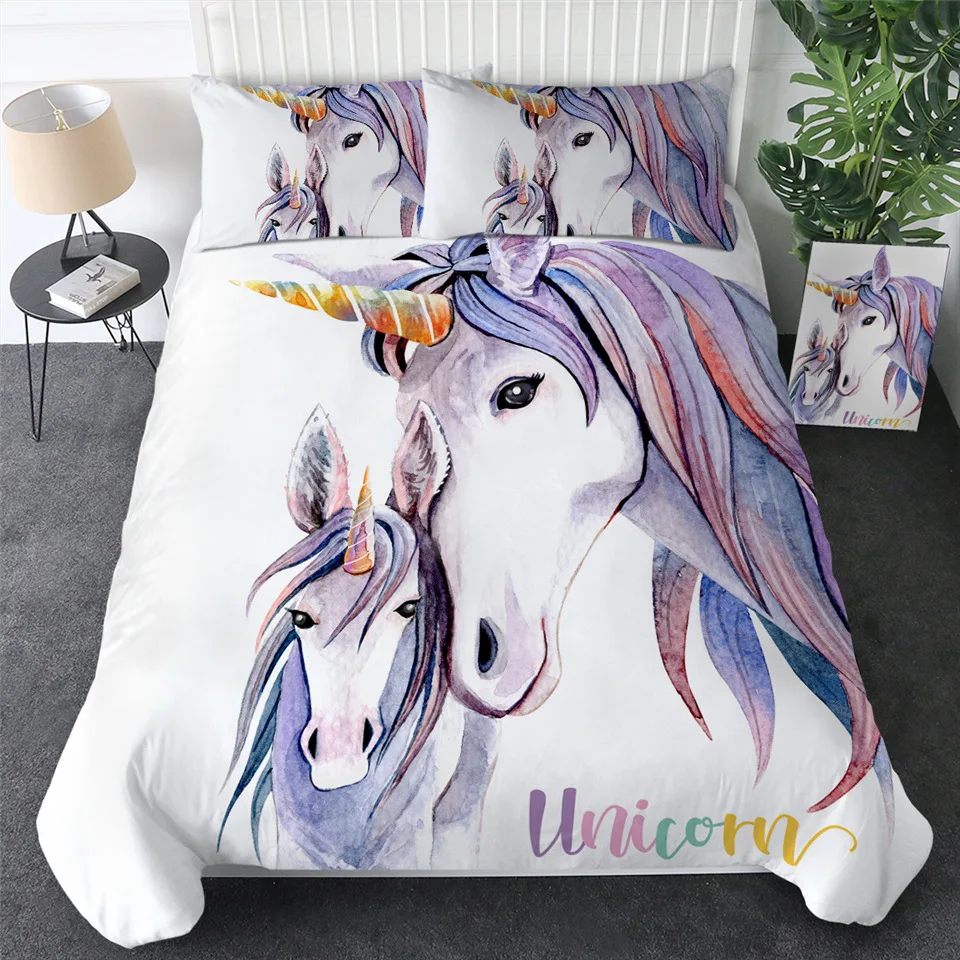 Unicorn 4 Постельные принадлежности, Детский Комплект постельного белья с изображением единорога из мультфильма, пододеяльник с цветочным рисунком, набор постельного белья из 3 предметов, домашний текстиль для девочек, фиолетовое постельное белье, Прямая поставка - Цвет: Unicorn 4