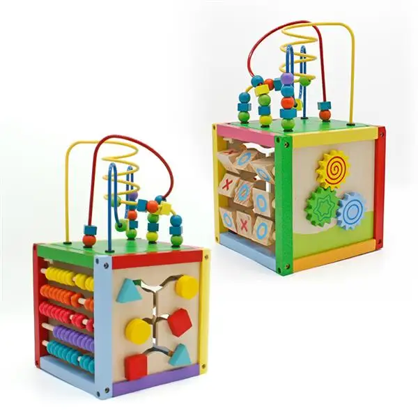 Cubo de madera 5 en 1 de 8x8 pulgadas, Centro de Actividades, juguete educativo Multicolor-0