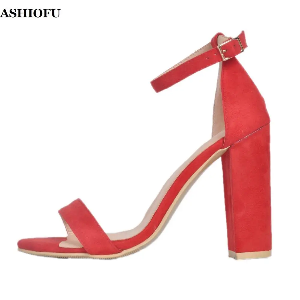 

ASHIOFU Handmade Chunky Heel Ladies Sandals Faux-suede Sexy Party Prom Summer Shoes Buckle Strap Large Size Fashion Sandal Shoes