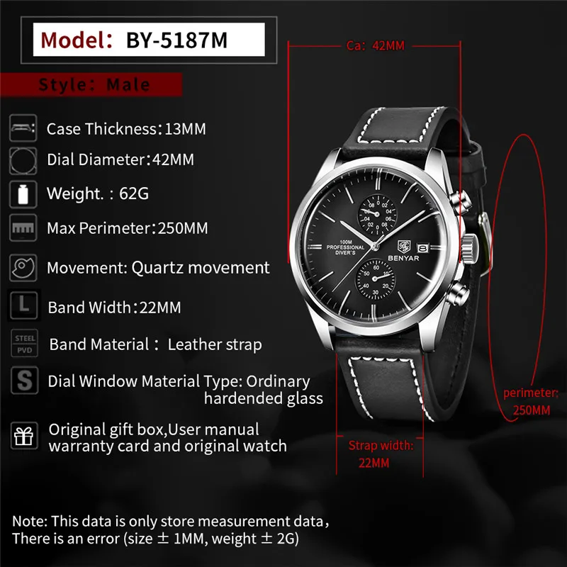 BENYAR Men Watch Chronograph Waterproof Sport Black Genuine Leather Male Wristwatch Top Brand Luxury Military Man Clock 5187 | Наручные