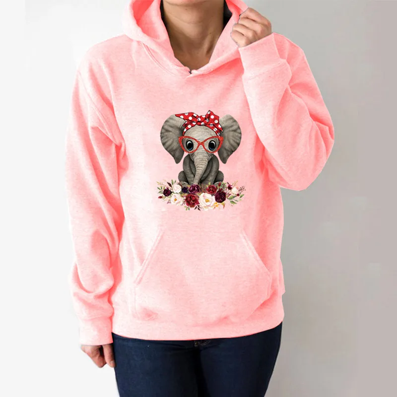 

Elephant Flower Printed Hoodies Women Fleece Long Sleeve Loose Sweatshirt with Hat Girls Women Hoodie Pullovers Winter
