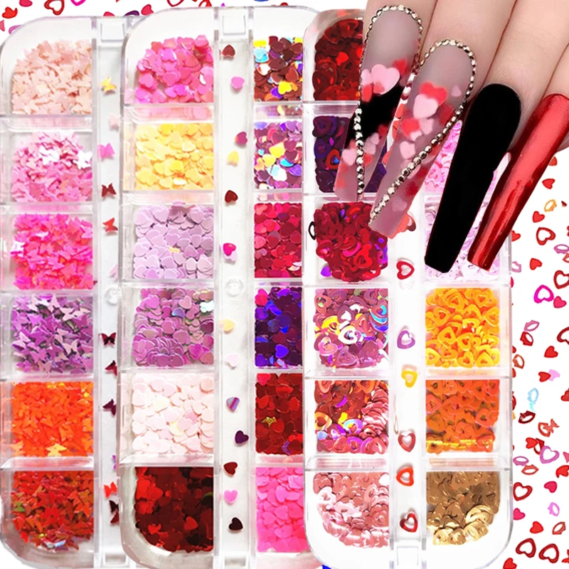 12 Grids/box Laser Love Heart Butterfly Nail Sequins Mixed Color Sparkle Glitter Flakes 3D Art Decorations Accessories | Красота и