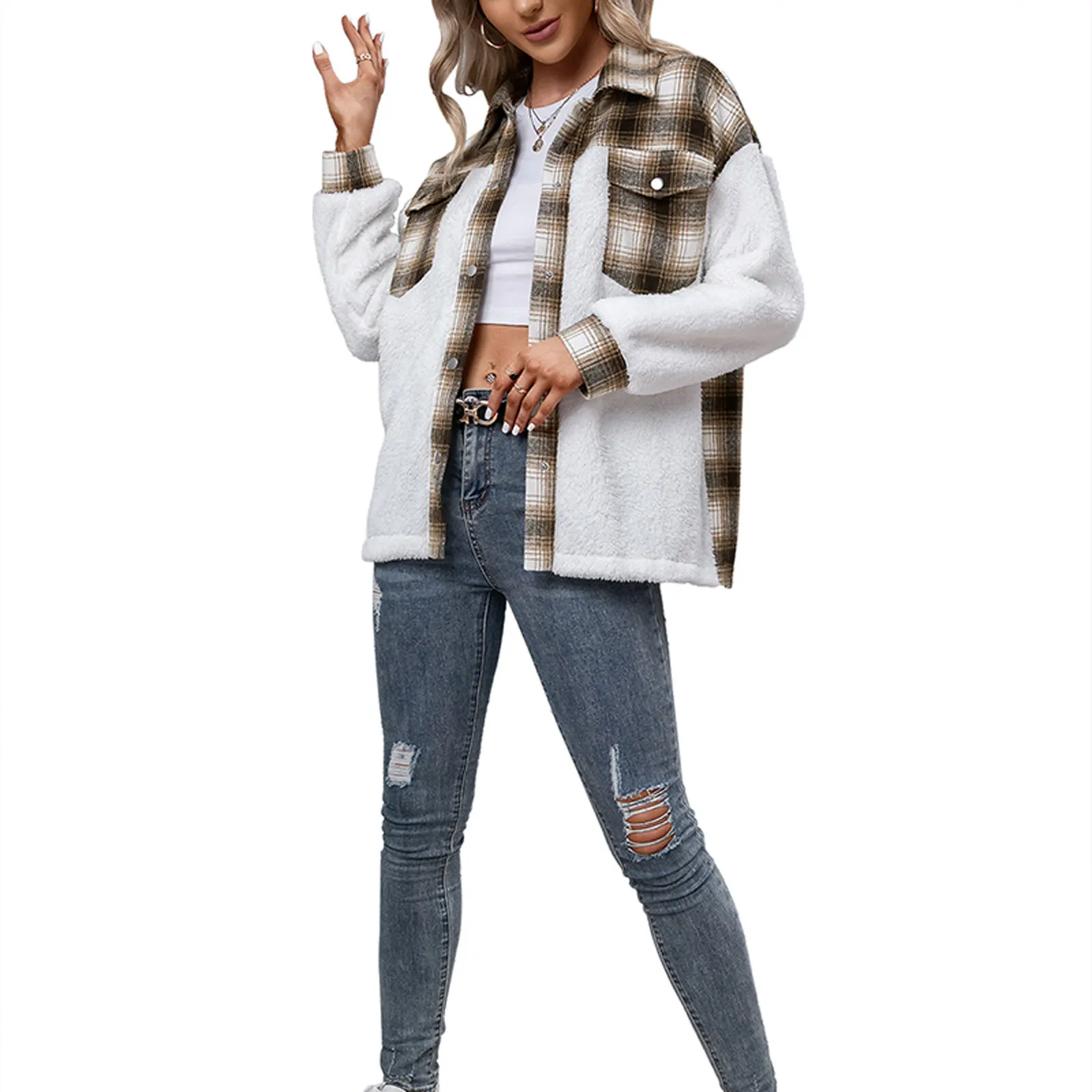 

Women\u2019s Casual Long Sleeve Jacket Fashion Plush Plaid Stitching Snap Open Coat with Pockets