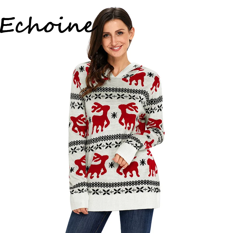 Женский свитер с капюшоном вязаный пуловер оленями цвет белый зеленый черный