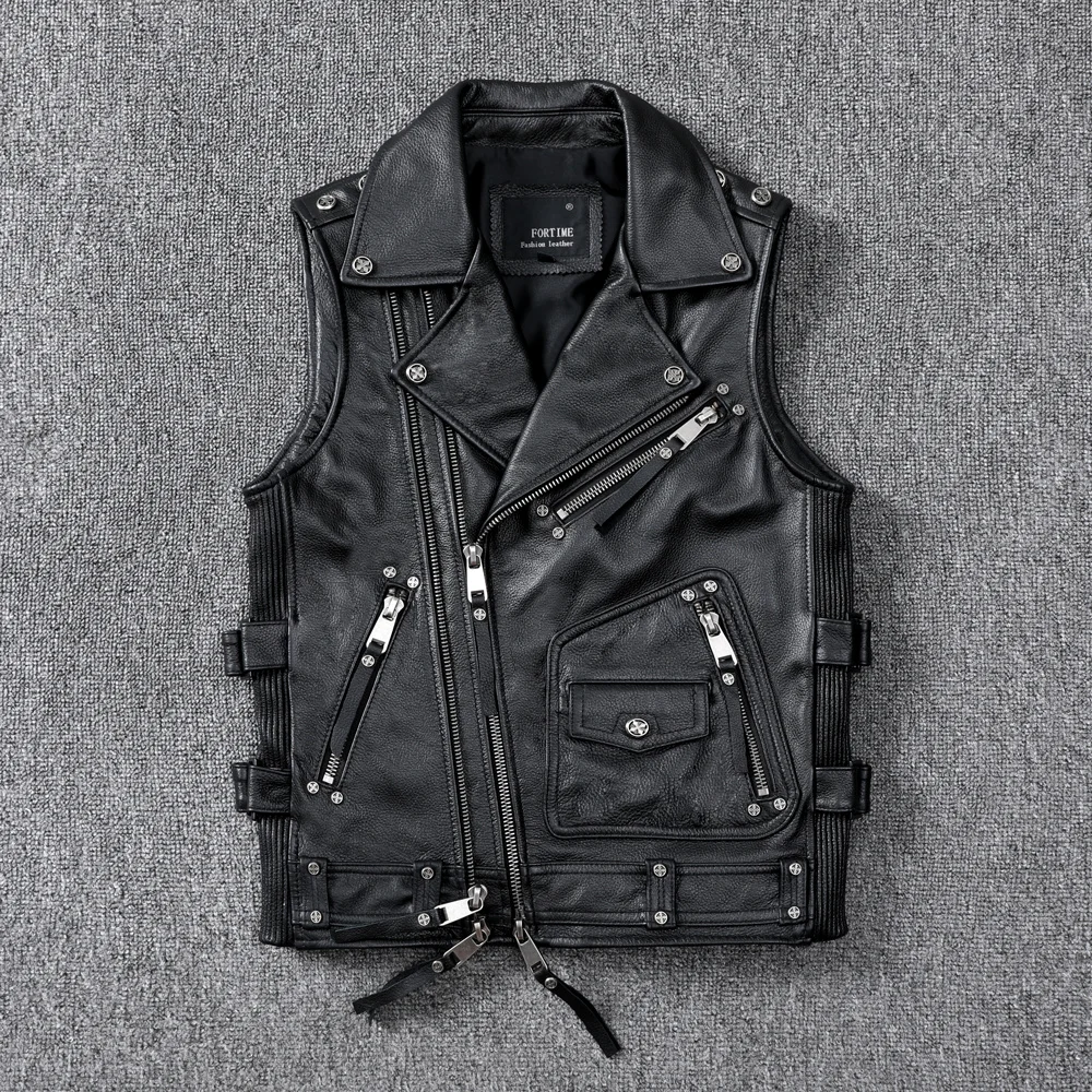 

2021 Vintage Brown Biker's Style Leather Vest Men Plus Size 4XL Genuine Natural Cowhide Spring Slim Fit Motorcycle Coat