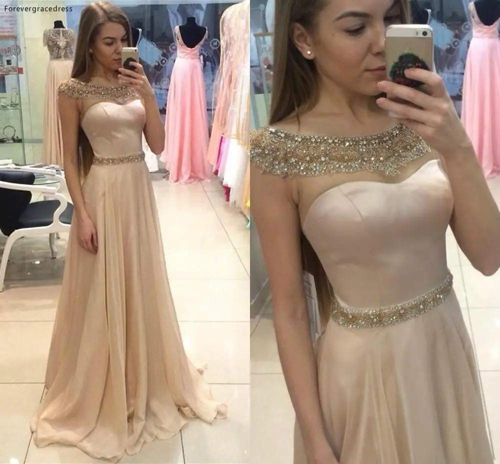 Sheer Beaded Collar Prom Dress Cheap Cap Sleeves Chiffon Formal Summer Holidays Wear Evening Party Gown Custom Made Plus Size