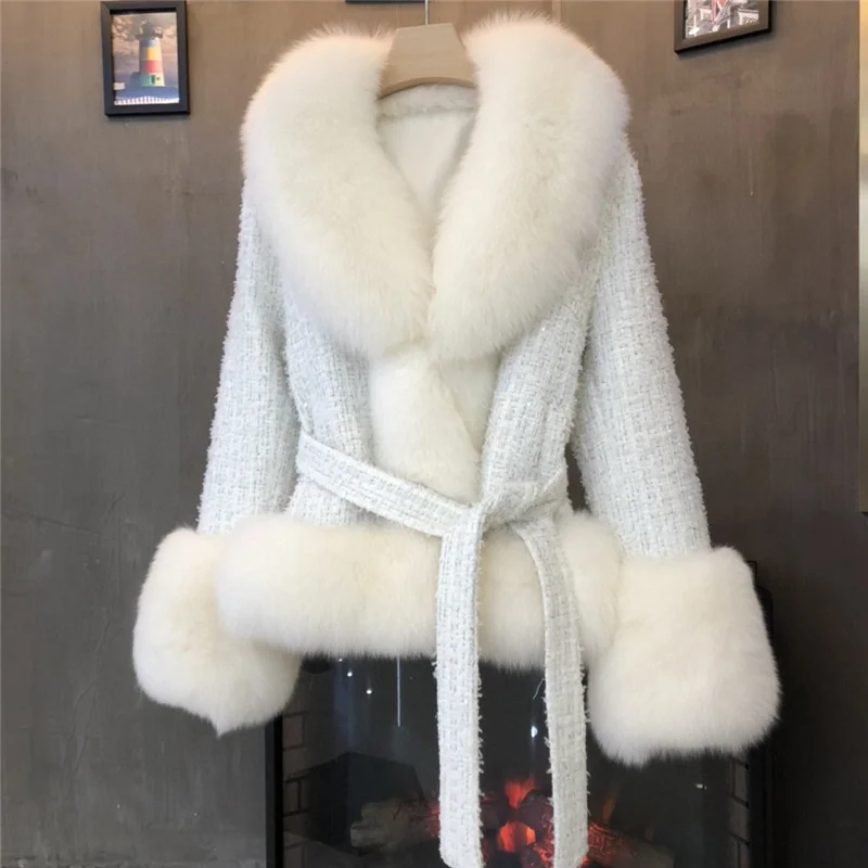 Enlarge Tweed Wool Coat Real Fox Fur Cuff New Winter Warm Overcoat Real Fox Fur Collar Women Long Sleeves Jacket Fashion Brand Fur Coat