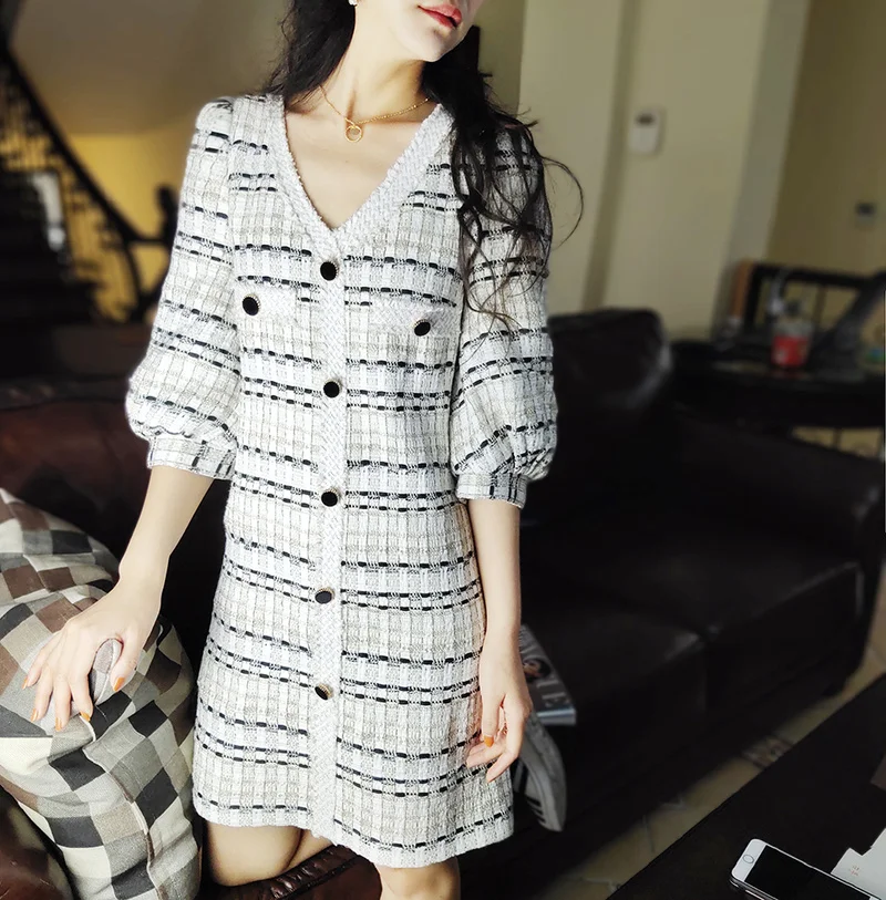 

Милое милое однобортное твидовое мини-платье с V-образным вырезом и рукавами-фонариками, летнее приталенное платье с переплетением, Y645, 2021