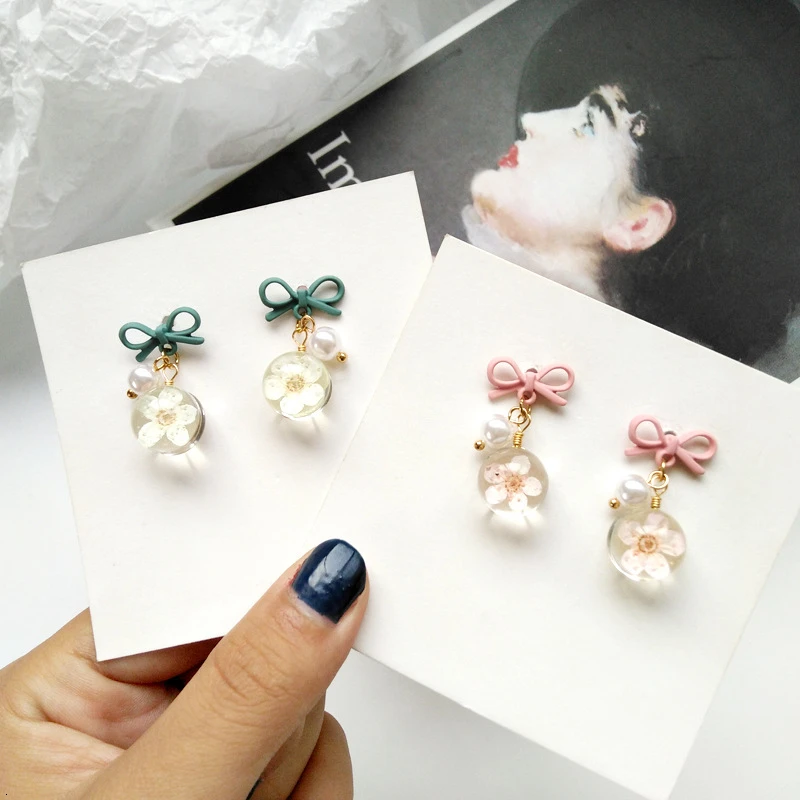 Серьги подвески в виде цветка с прозрачным бантом милые цветочные серьги без
