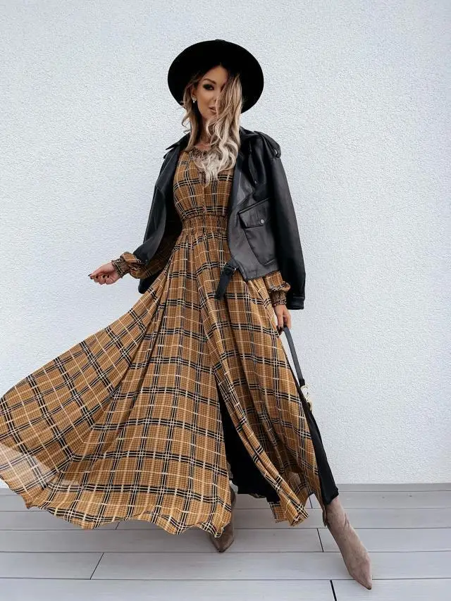 

Elegant Temperament Dress Autumn Winter New Arrival Lantern Sleeve Printed Round Neck Closed Waist Split Maxi Dresses Women 2021