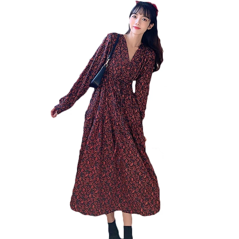 

Новинка 2022, женское весенне-осеннее платье в стиле ретро с V-образным вырезом и длинными рукавами, Цветочное платье для женщин 152A