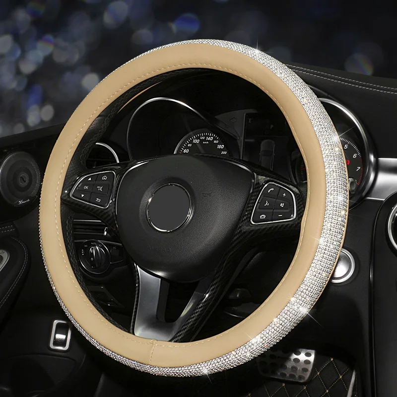

PU Leather Diamond Car Steering Wheel Cover 38cm Bling Bling Rhinestones Fashion Luxury Women Girls Car Accessories Four Season