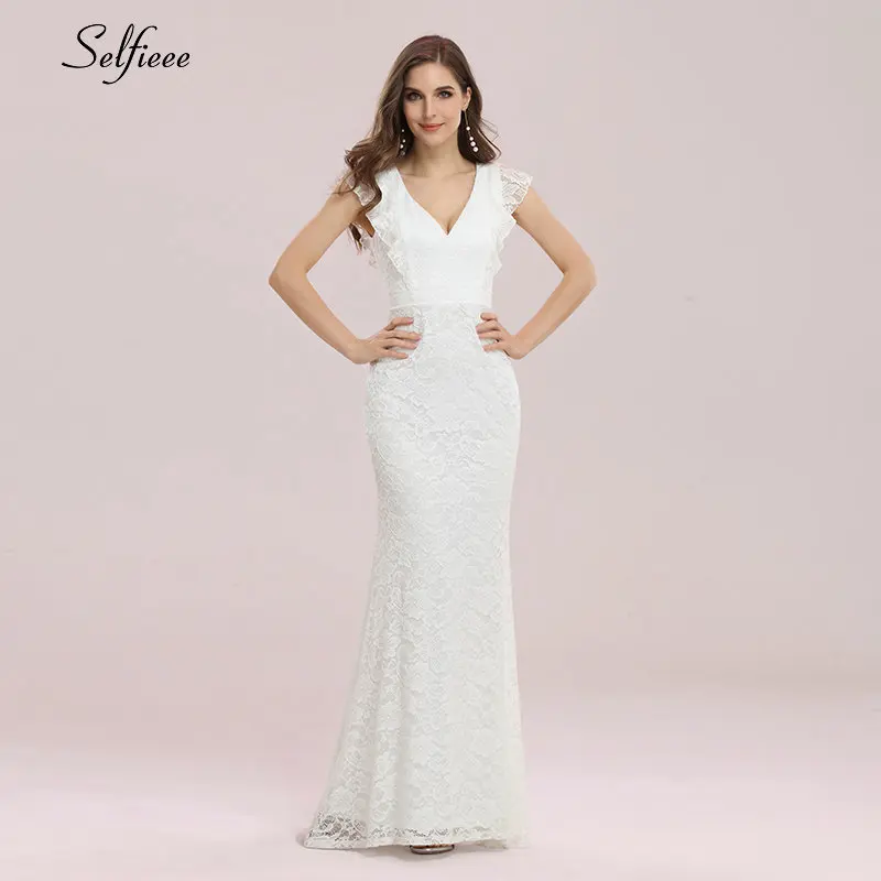 Bodycon Lace Dresses For Women 2021 Deep V-neck Lotus Leaf Buttock Fishtail Hem Maxi White Summer Dress Платье Летнее Женское
