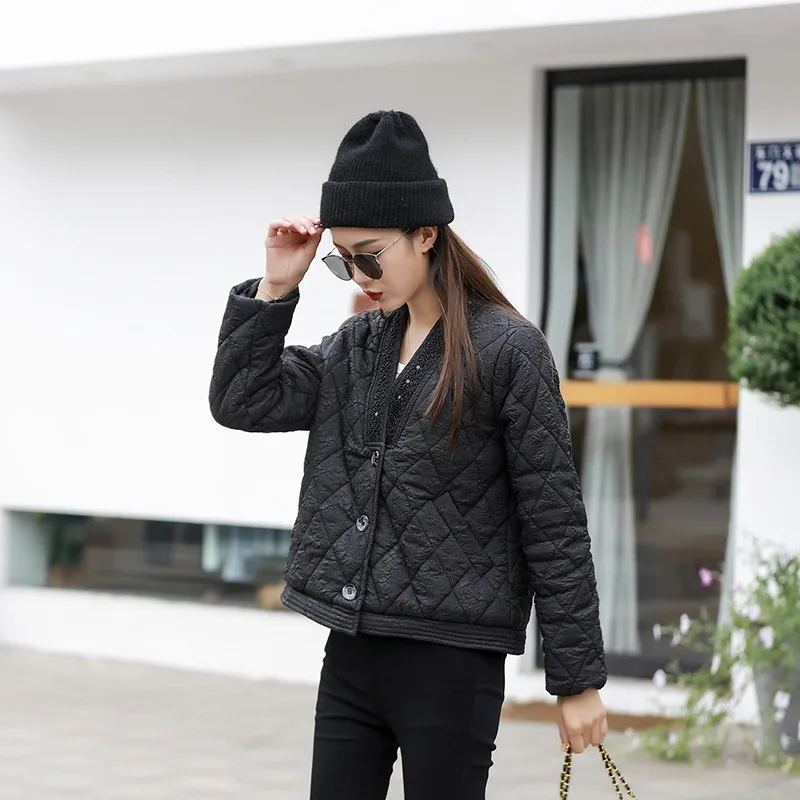 Casual Loose Arygle Parka Women Fashion Solid Thick Short Coats Women Elegant V Neck Lace Cotton Jackets Female Ladies Big Size