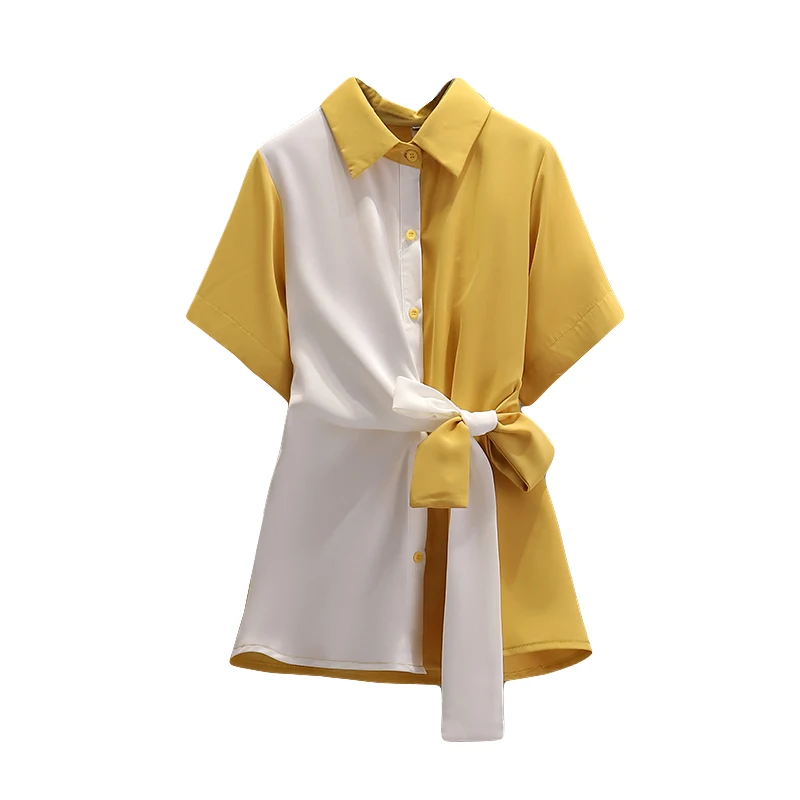 

EHQAXIN Large Size Women's T-Shirt Summer All-Match Contrasting Color Stitching Chiffon Top Loose Button Mid-Length Shirt L-4XL