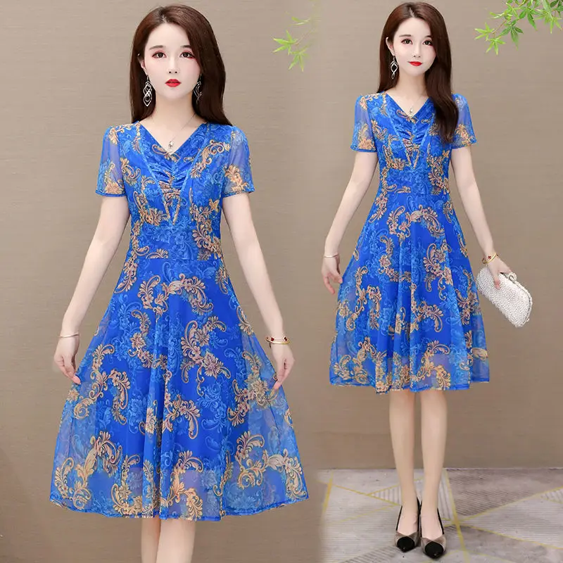 

Women Vintage Floral Print Short Sleeve Casual Party Dresses Robe Femme Summer V-neck A-line Knee-length Midi Dress X74