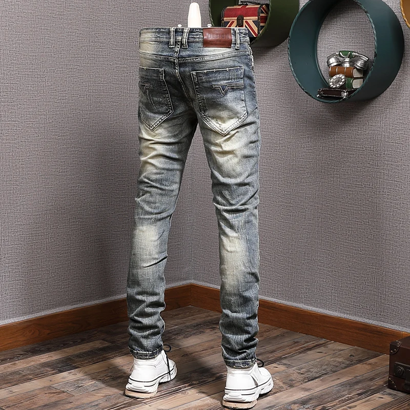 European Street Style Fashion Men Jeans Retro Blue Elastic Slim Ripped Jeans Men Patchwork Vintage Designer Casual Denim Pants