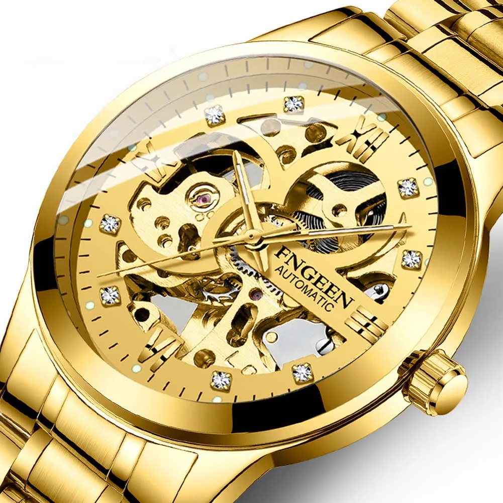 

Часы наручные FNGEEN Мужские автоматические, роскошные брендовые механические водонепроницаемые Модные золотистые