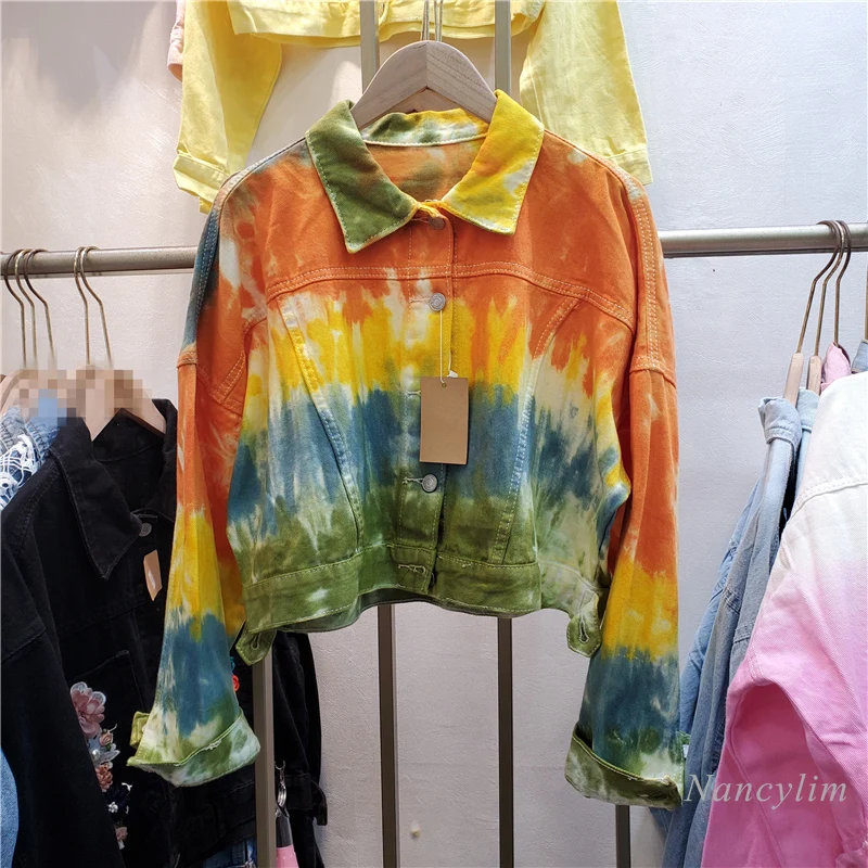 

Tie-Dyed Colorful Denim Short Coat for Women 2021 New Fashion Street Girl Loose Long Sleeve Jeans Jacket Casaco Feminino