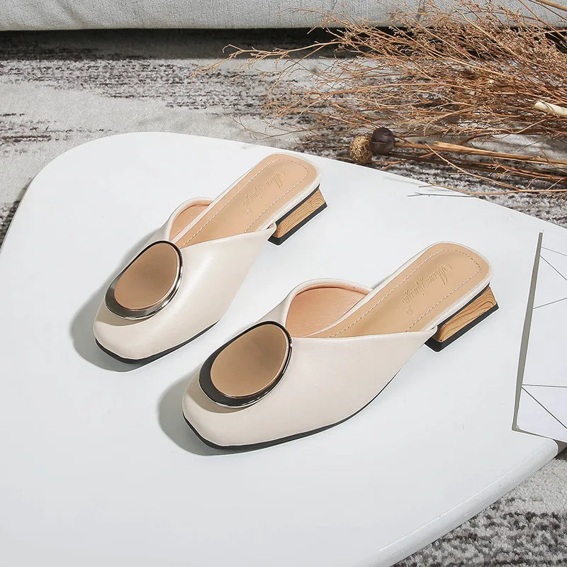 

Summer Fashion Outdoor Slippers Women's Low Heel leather Shoes Elegant Sandals Ladies Office Mules Slides Woman Party Slides