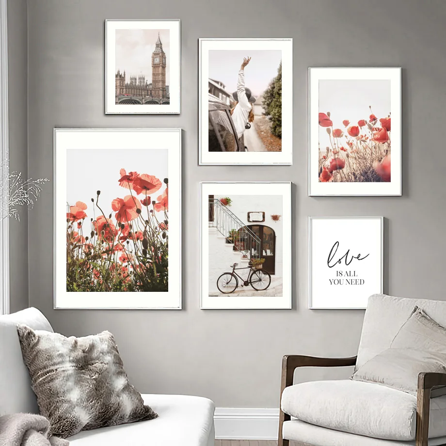 

London Big Ben Poppy Flower Vintage Bike ​Landscape Wall Art Canvas Painting Posters And Prints Living Room Nordic Style Decor