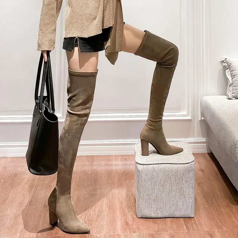 Женские сапоги выше колена 34 40 модная универсальная зимняя обувь с острым носком элегантные универсальные
