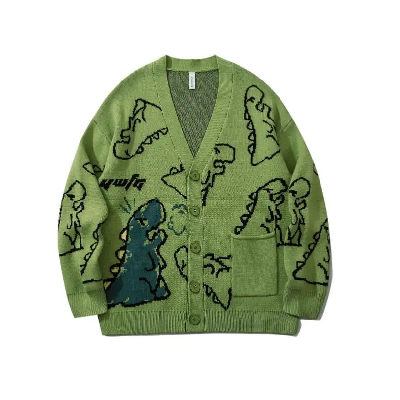 

Кардиган оверсайз с динозавром, мужской вязаный свитер, уличная одежда, Свободный Мужской и Женский Топ, пальто 2021, с рисунком каракули, в стиле хип-хоп, зимний w86